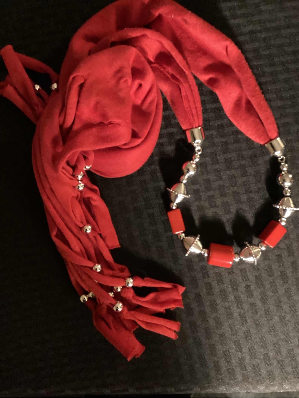 Fun Red Scarf with Red and Silver- Toned Beads along with Tassels.